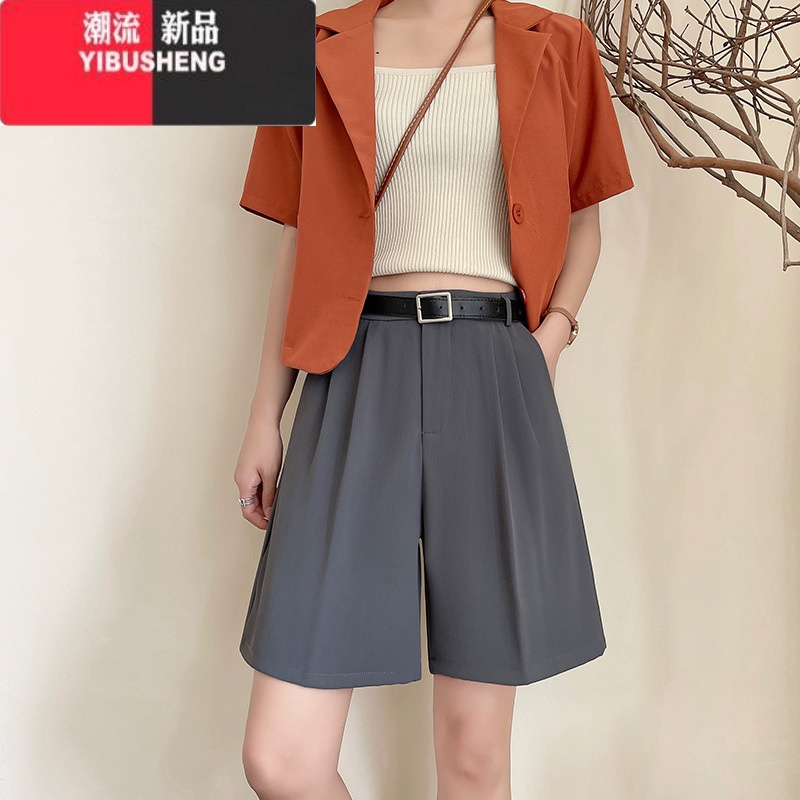 YIBUSHENG卡其色西装短裤女季薄款高腰显瘦宽松直筒休闲中裤阔腿五分裤子 灰色 XL