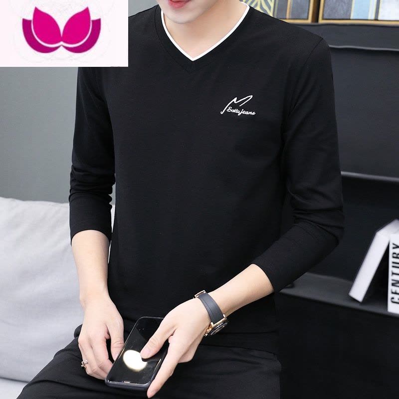 七斓男士秋装上衣2023秋v领t恤长袖修身男装内搭秋季打底衫潮流体恤丅图片