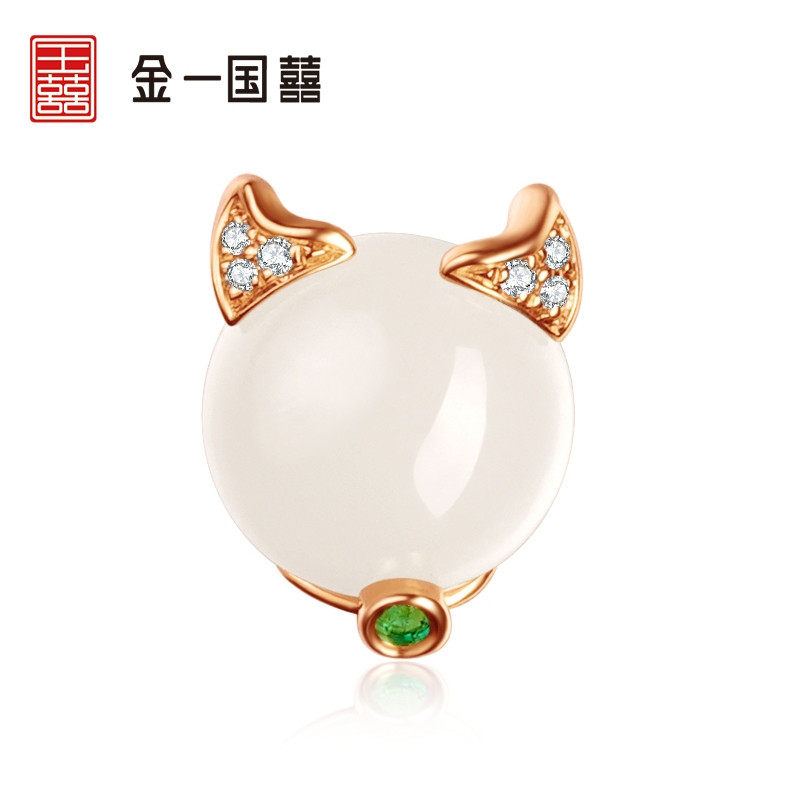 金一国囍18K金动物-机灵猫女士款和田玉吊坠赠银链(定价) KJDZ146