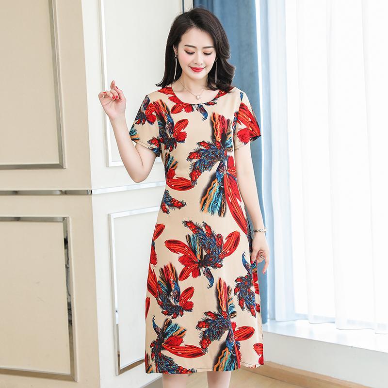 中老年女装夏季棉麻连衣裙中长款大码中年妈妈装短袖竹节棉麻裙子