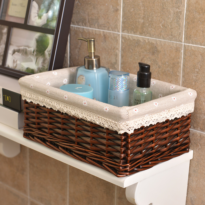家柏饰(CORATED)收纳筐藤编储物盒编织筐桌面杂物篮居收纳盒布艺柳编收纳篮子 棕色筐雪花布里中号【30*21*12】