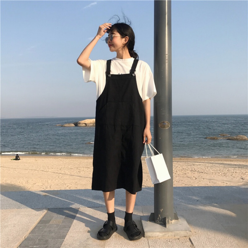韩版夏装学院风复古做旧中长款大口袋牛仔连衣裙女学生背带裙杏色均码