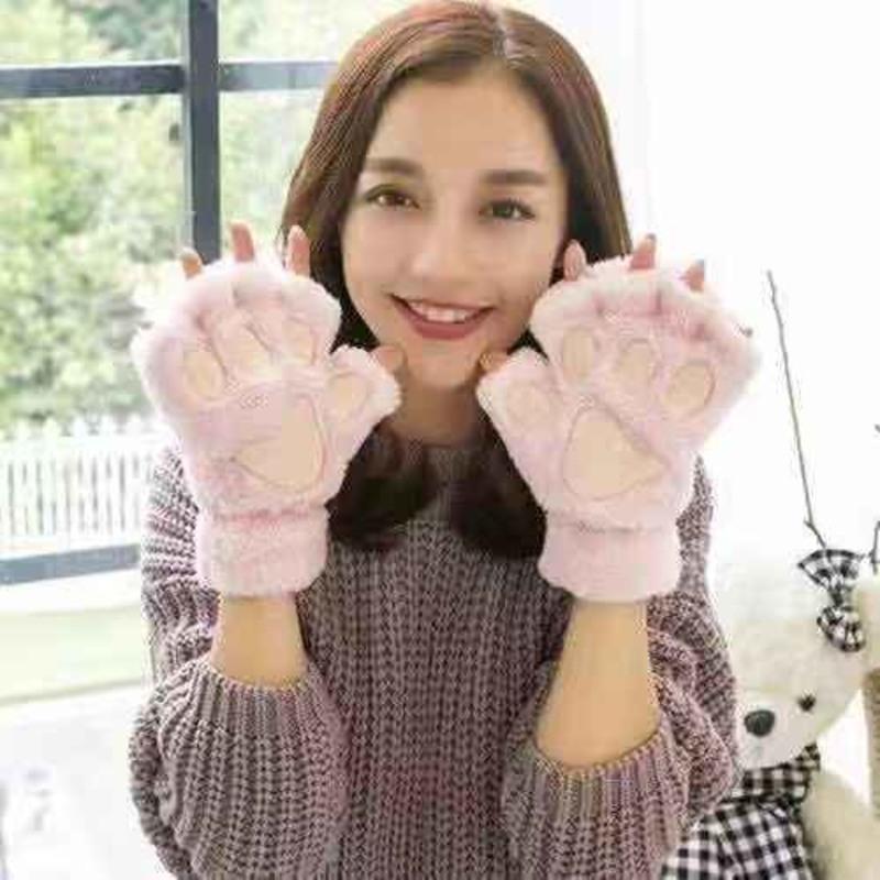 手套冬季保暖猫爪卡通手套女冬天可爱爪子冬季露指学生棉防寒半指 兔毛手套灰色[一双]