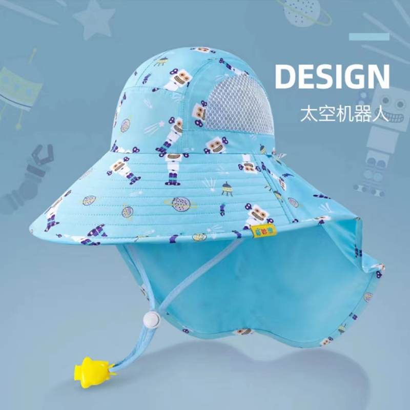 甜甜仔儿童披肩遮阳帽防晒帽宝宝遮阳帽女童渔夫帽男童太阳帽夏季沙滩帽子防紫外线 蓝色机器人（限定插画设计师款） L亲子款:55-58cm(建议12岁以上到成人)