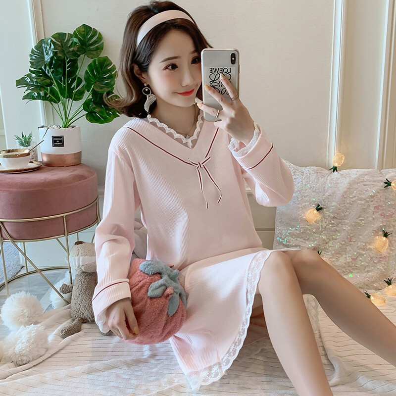 波迷娜(BOMINA)公主风睡裙季甜美长袖睡衣女夏可爱蕾丝可外穿大码连衣裙