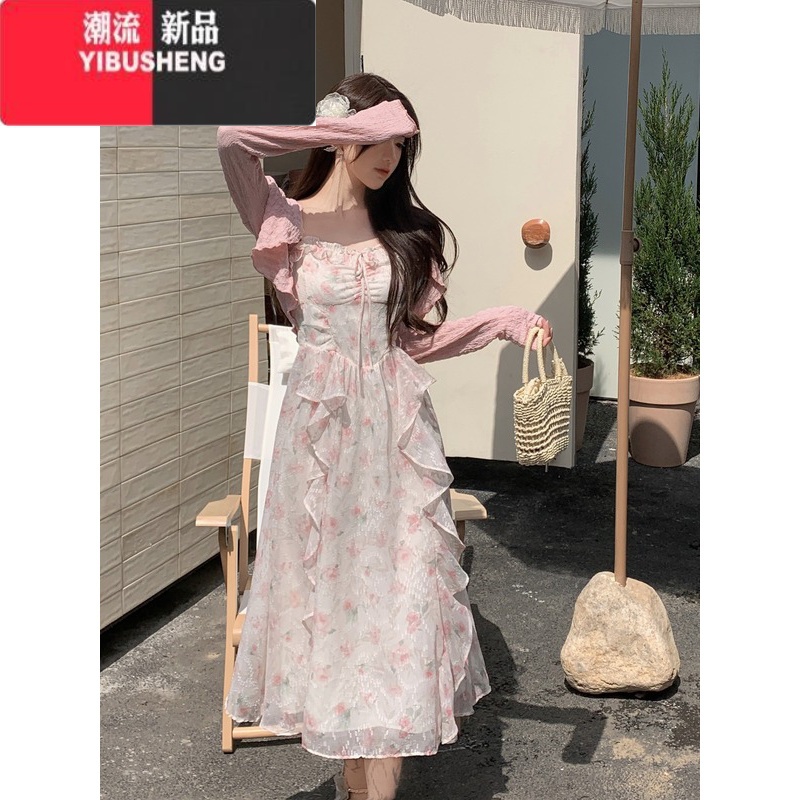 YIBUSHENG大码女装法式温柔风碎花连衣裙季显瘦吊带裙胖MM裙子防晒衫套装高清大图