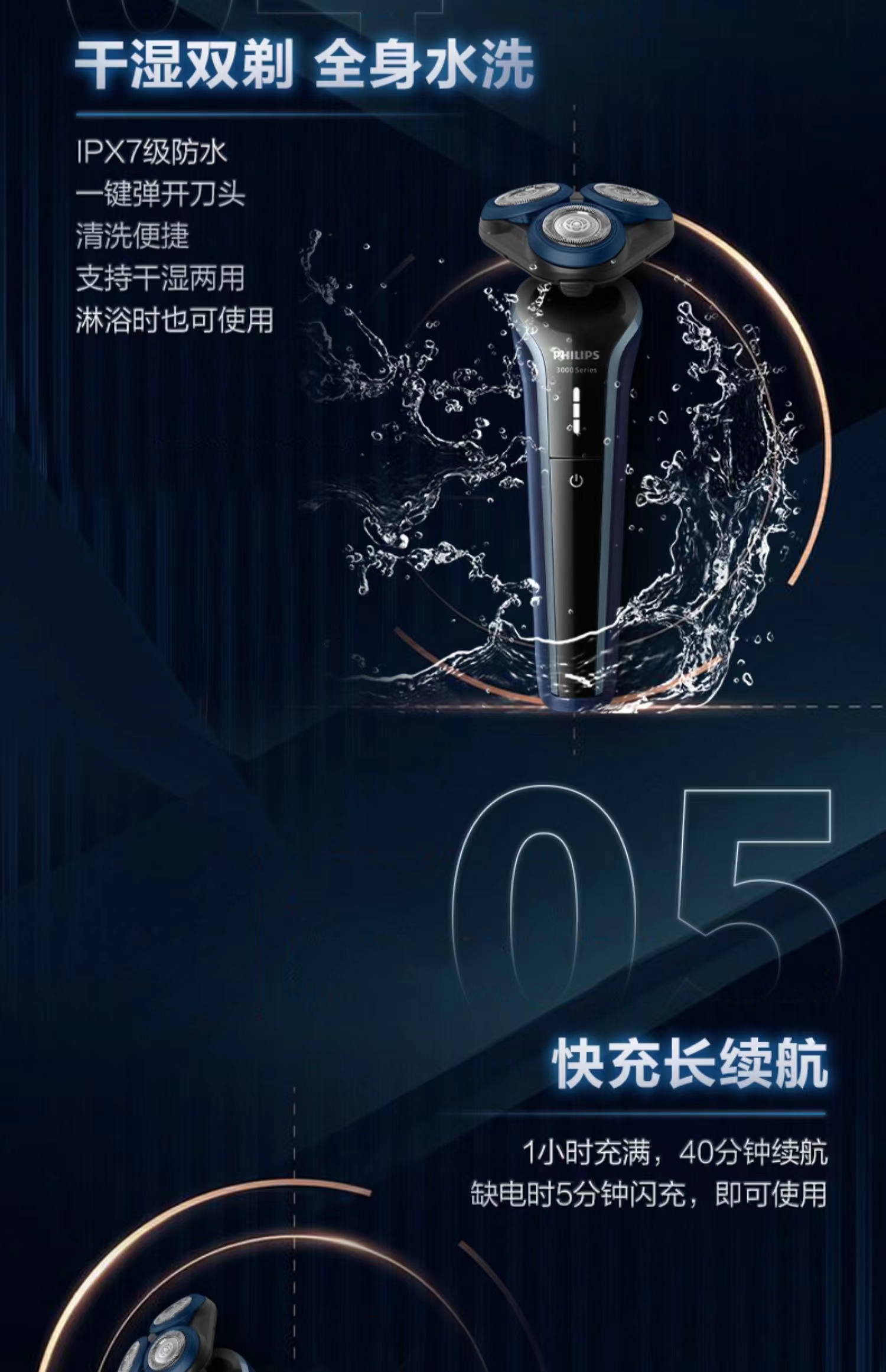 飞利浦S3608/10电动剃须刀 蓝宝黑三刀头强劲马达五维浮动干湿双剃一小时快充高清大图