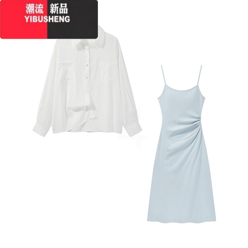 YIBUSHENG羊城故事 浅蓝色吊带连衣裙女2024新款显瘦两件套露背a字中长裙