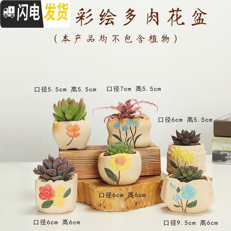 三维工匠多肉花盆陶瓷创意个性粗陶肉肉植物盆器大口径小花盆 杏色哥窑彩绘A 中小花盆容器图片
