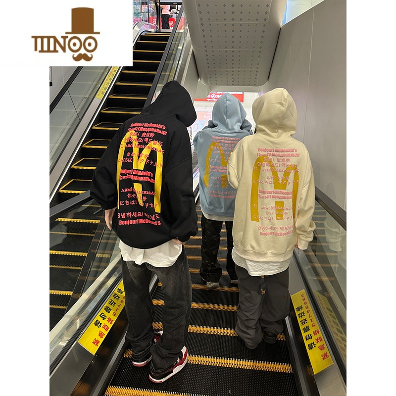 YANXU126KID 美式复古字母印花连帽卫衣男女秋季潮牌高街情侣宽松上衣高清大图