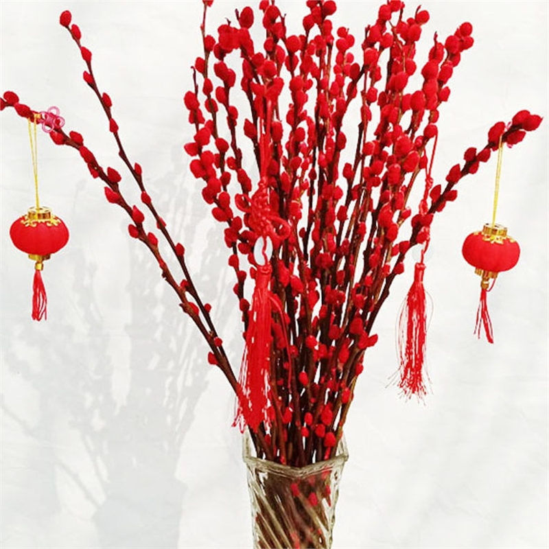 花知趣银柳真花鲜枝水培花卉盆栽红色福桶银柳套装带盆春节年宵装饰