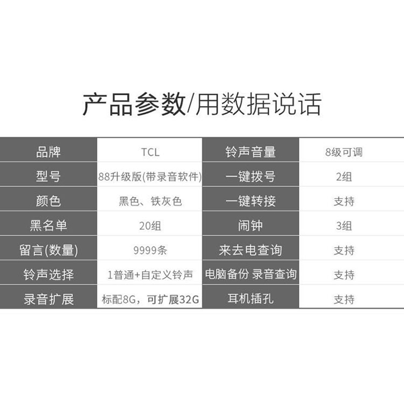 TCL 88 超级版 数字自动/手动录音插卡电话机办公家用呼叫中心USB及SD卡接口固定座机赠8G卡(黑色)