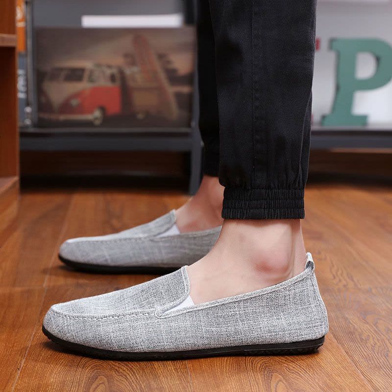 夏季亚麻布鞋男鞋子一脚蹬懒人鞋韩版潮流休闲鞋透气豆豆帆布潮鞋图片