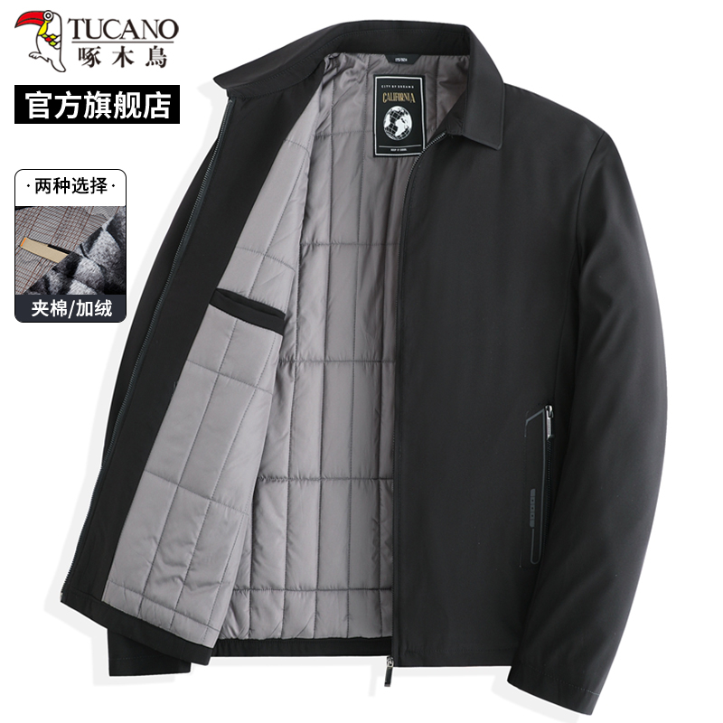 啄木鸟冬季男士新款行政夹克加绒夹棉爸爸装保暖冬季外套上衣服加高清大图