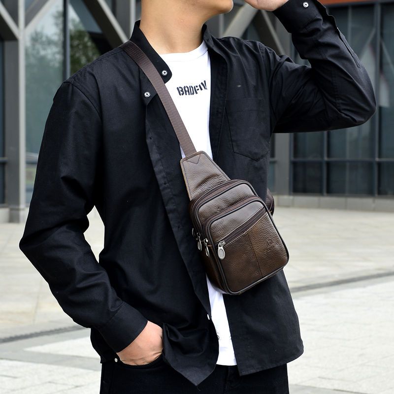 派尼美特真皮胸包男时尚男士斜跨休闲运动跑步胸前包单肩包小胸包头层