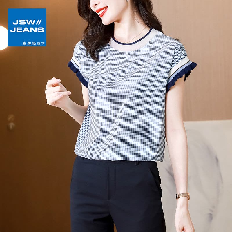真维斯旗下JSW格子针织T恤女新款正肩港味复古vintage上衣ins潮女图片