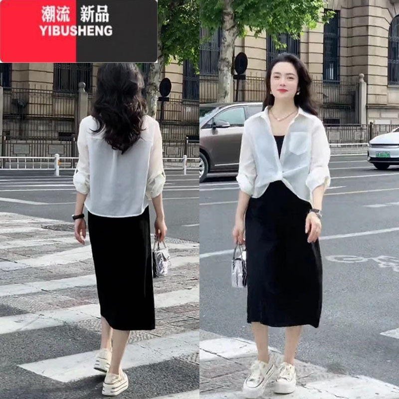 YIBUSHENG东大门吊带连衣裙女时尚褶皱收腰防晒衣衬衫长袖气质长裙两件套