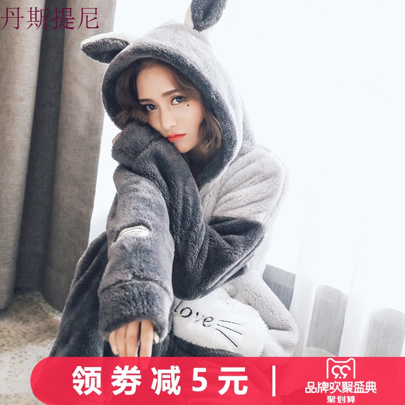 韩版甜美可爱少女珊瑚绒睡衣女秋冬加厚法兰绒连帽宽松家居服套装