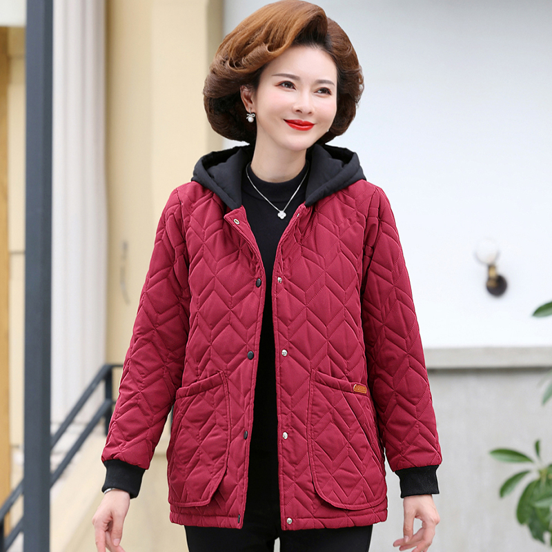 恒源祥中年妈妈秋冬装连帽外套2024新款加绒加厚棉衣中老年女棉袄 XL建议100-115斤 酒红色