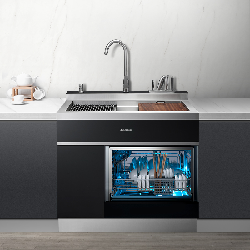 志高(CHIGO)厨房家用多功能水槽13套洗碗机消毒柜一体式304不锈钢槽体除菌烘干一级水效800mm小户型款集成水槽高清大图