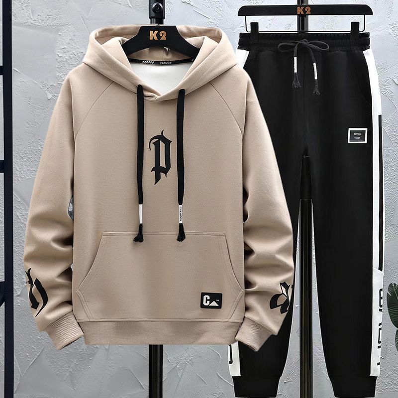 青少年13大童卫衣男春秋装16中学生长袖体恤韩版运动连帽套装 套装春秋款111卡其（上衣+裤子） 2XL130-150斤