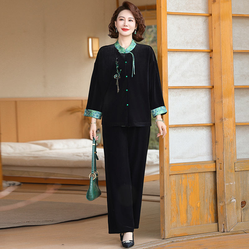 新款中年金丝绒套装春装女40岁加大加肥中老年人两件套50岁洋气女