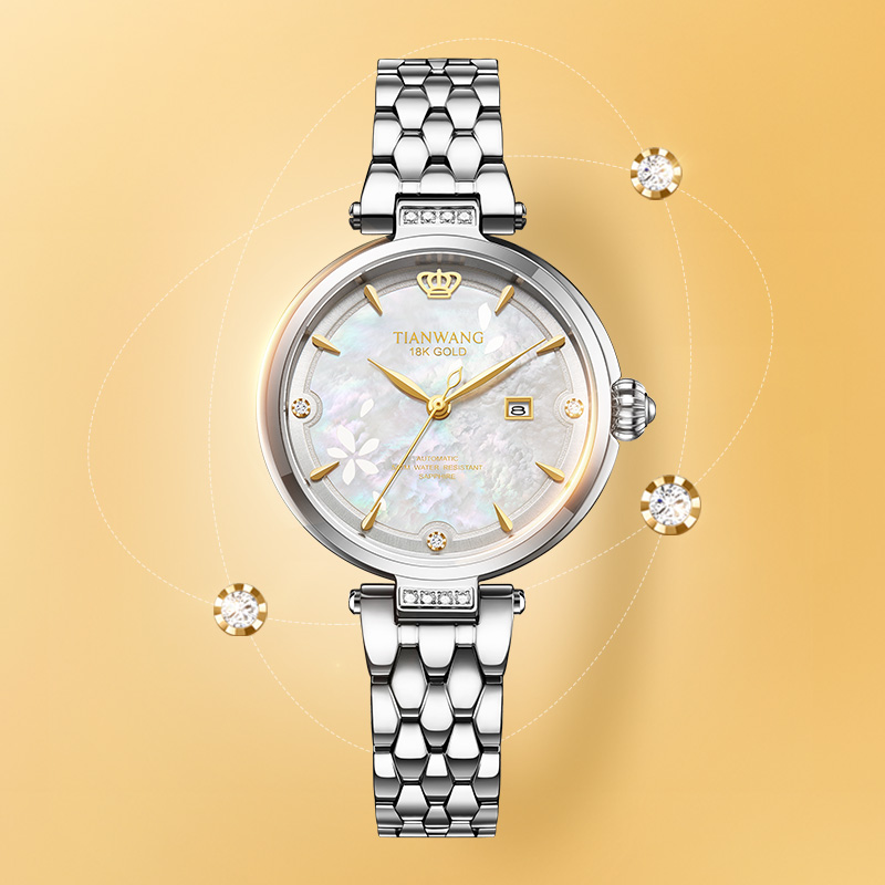 天王表金标送福18K金皇冠logo女表时尚小花瓣机械表钢带腕表51176高清大图