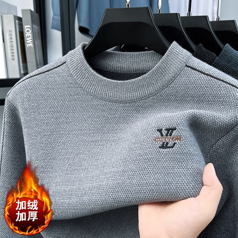 重磅绣花雪貂绒毛衣男2025秋冬季新款圆领加绒加厚保暖男士针织衫高清大图
