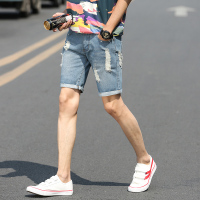 吉普战车2021年夏季新款时尚中青年男士牛仔裤男士短裤薄款破洞猫爪修身直筒休闲裤男士中裤男装潮流五分裤男裤潮款