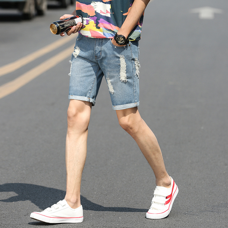 吉普战车2021年夏季新款时尚中青年男士牛仔裤男士短裤薄款破洞猫爪修身直筒休闲裤男士中裤男装潮流五分裤男裤潮款