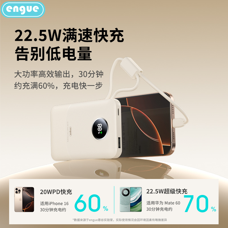 engue恩谷EG-LP15 充电宝自带线10000毫安超薄大容量智能数显便携快充移动电源 22.5W