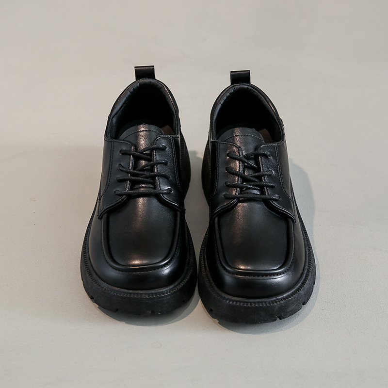 2023秋季新款亮面小皮鞋女ins潮厚底增高系带复古学院英伦风