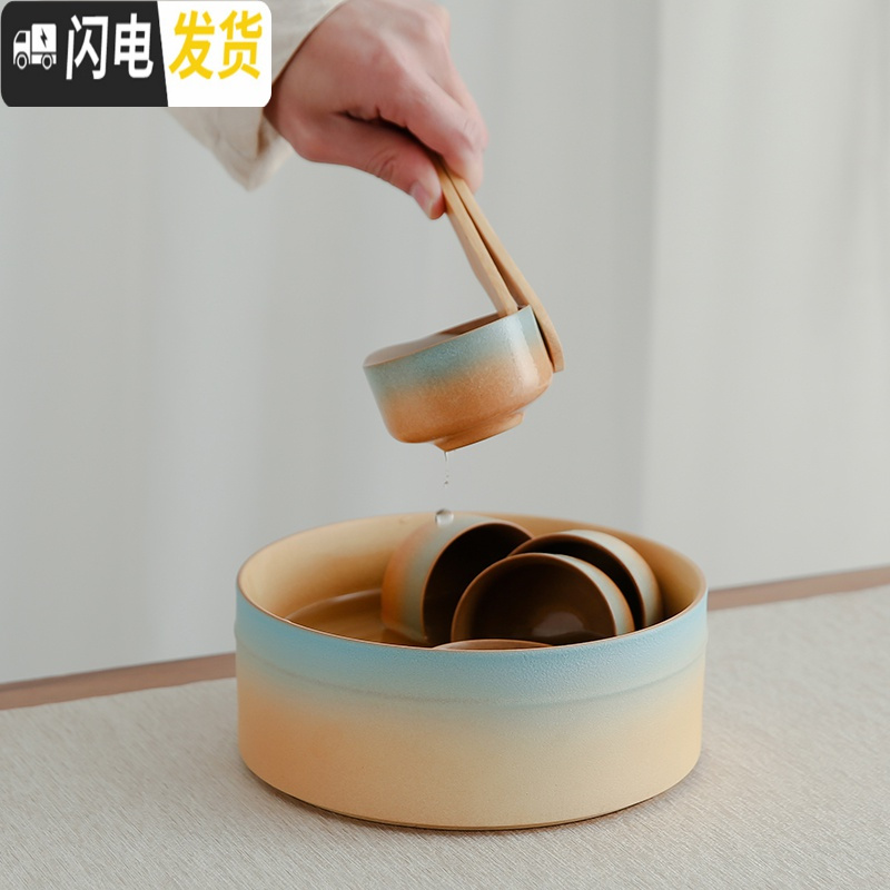 三维工匠粗陶功夫茶具套装陶瓷茶壶茶杯整套泡茶器家用简约日式小茶台 粗陶渐变蓝手抓壶10件套