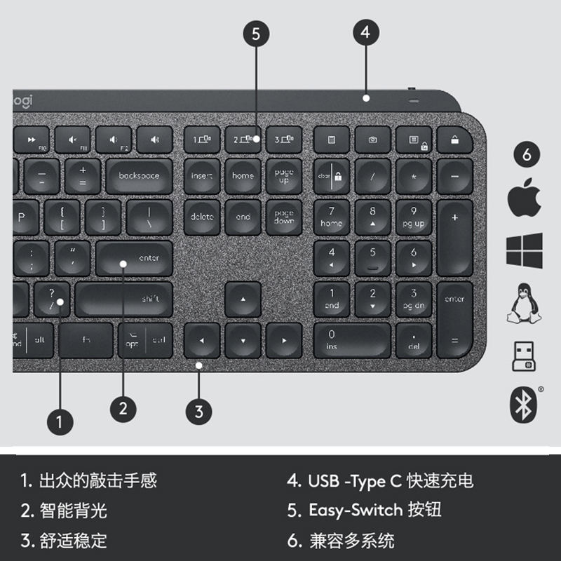 罗技(Logitech)MX Keys for Mac无线背光键盘-适用于Mac无线蓝牙键盘可充电智能背光便携务高端办公