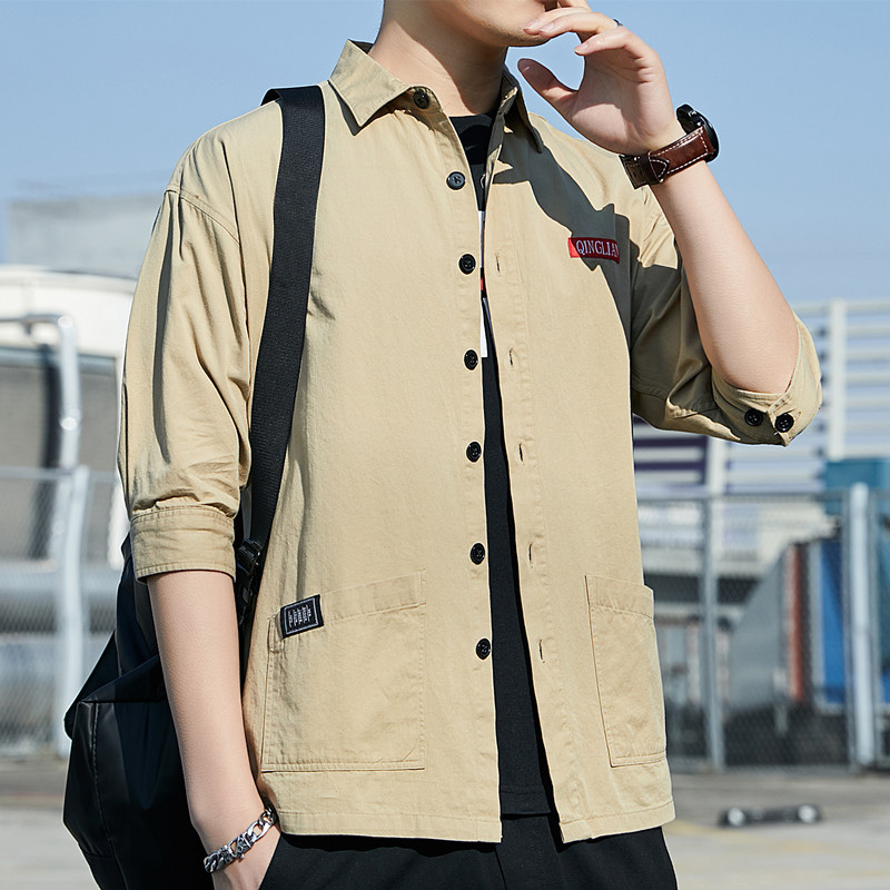 短袖衬衫男士韩版潮流夏季寸衫宽松百搭七分袖上衣服衬衣工装外套男装