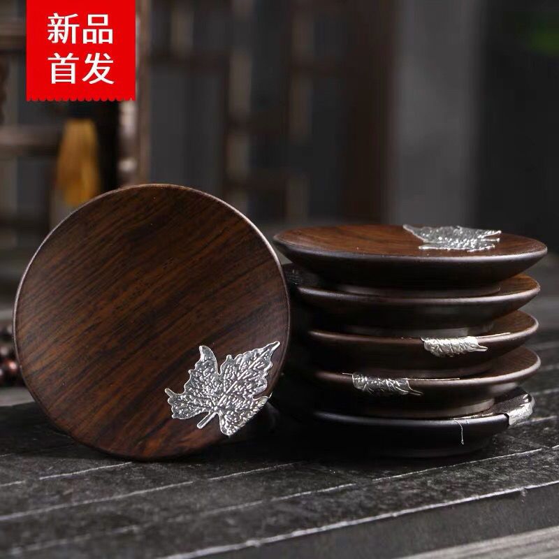 黑檀小圆枫叶8cm 黑檀实木杯垫茶垫创意木质茶杯垫隔热防滑茶托组功夫茶具茶道配件
