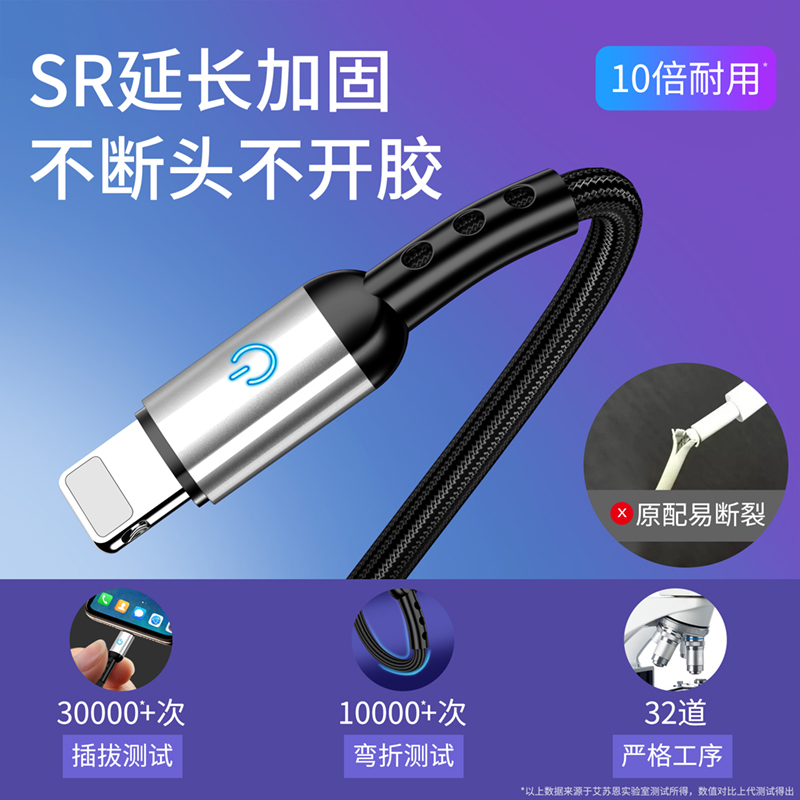 yutool-苹果第六代带灯快充线-黑色1米 坚韧牛仔编织线身 真金快充 双PD智能芯片 智能呼吸灯数据线(2条)