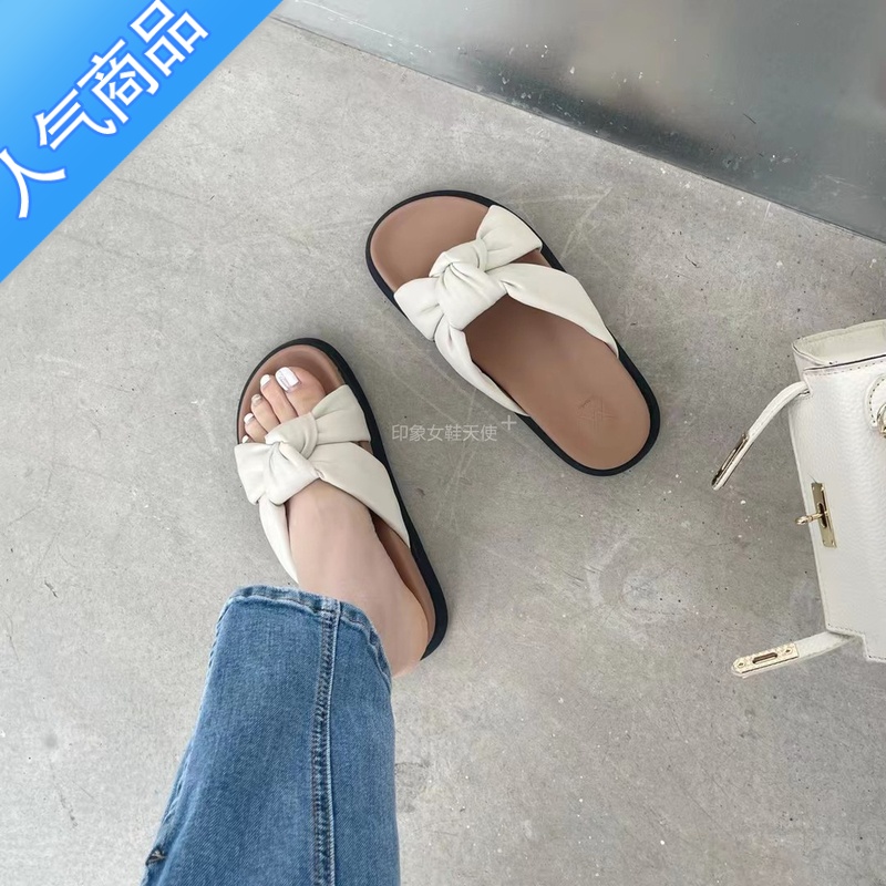 SUNTEK厚底仙女风凉鞋半拖鞋2022年女新款夏季外穿平底蝴蝶结防滑沙滩鞋高清大图