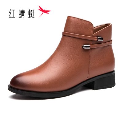 红蜻蜓短靴女冬季马丁靴女平底牛皮加绒英伦风靴子女保暖棉皮鞋女圆头粗跟棉靴 黄棕色 35码