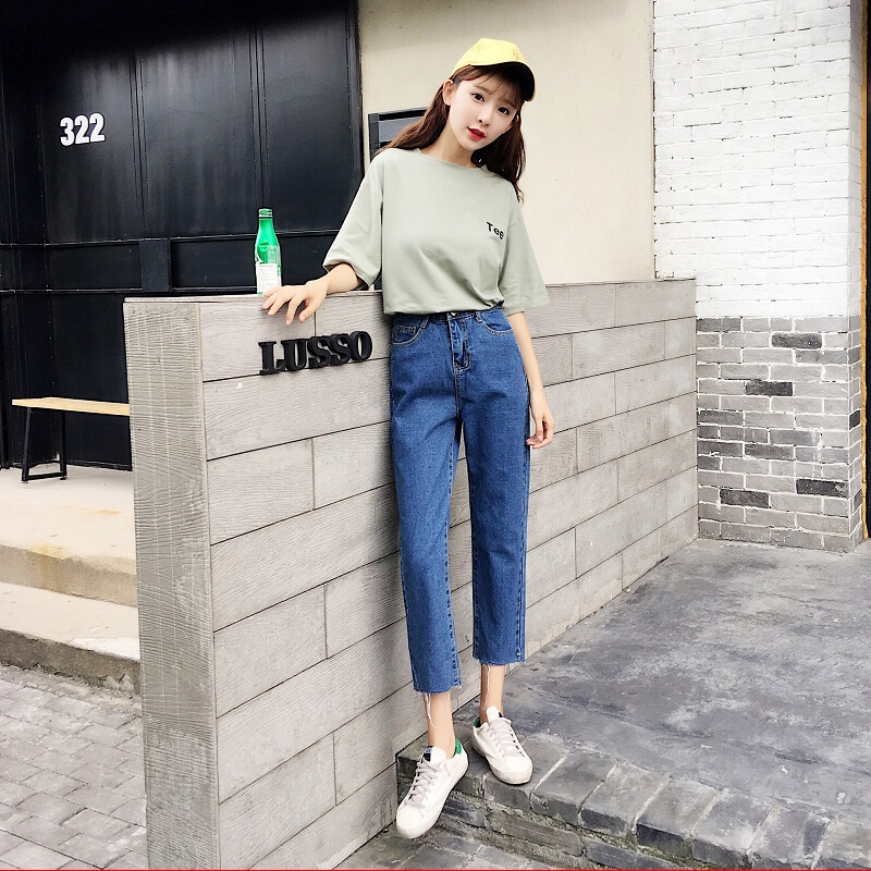 宽松高腰牛仔裤女春秋韩版显瘦百搭学生ins九分阔腿直筒裤子