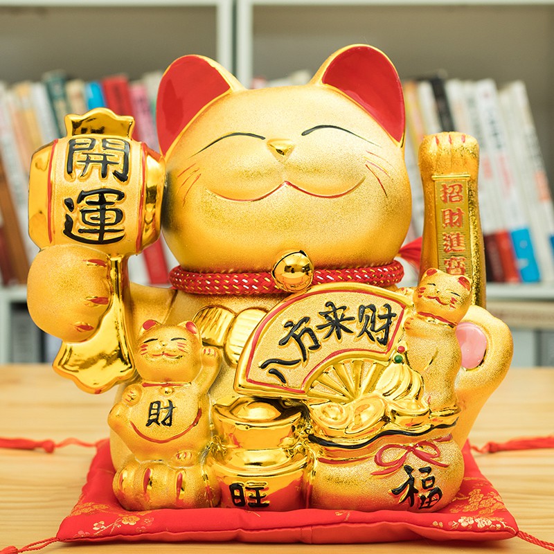 金色电动摇手猫摆件开业自动招手发财猫收银台店铺礼品 三维工匠 大号生意兴隆(金猫)-木垫猫高清大图