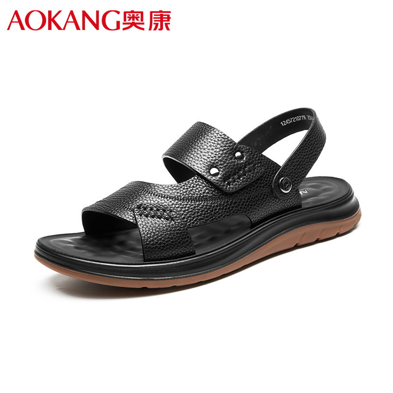 奥康男士凉鞋夏季新款休闲时尚软底沙滩鞋牛皮透气户外两穿凉拖鞋 黑色 43码