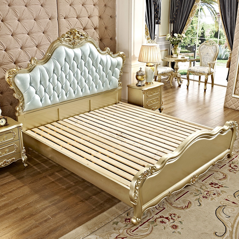 米括mikuo欧式床主卧公主全实木床18米双人橡木雕花婚床香槟金色宫廷