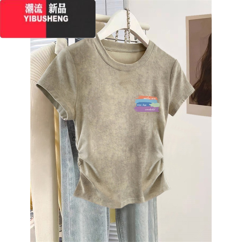 YIBUSHENG2024新款短款t恤上衣季潮流紫色正肩扎染收腰修身显瘦短袖女生 卡其色A01右上 L