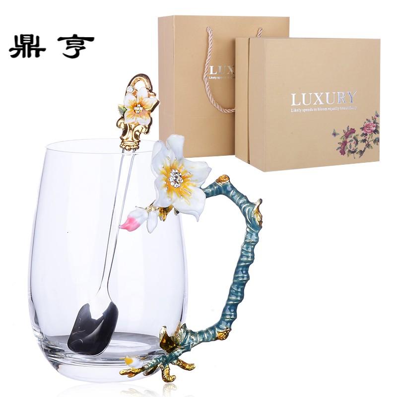 鼎亨杏花珐琅彩水杯花茶杯果汁杯子耐热水晶玻璃杯咖啡杯创意情侣