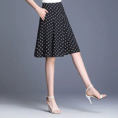 雪纺波点半身裙子女夏宽松显瘦2021新款高腰大裙摆a字防走光短裙 波点黑[有安全裤] S 建议70-85斤