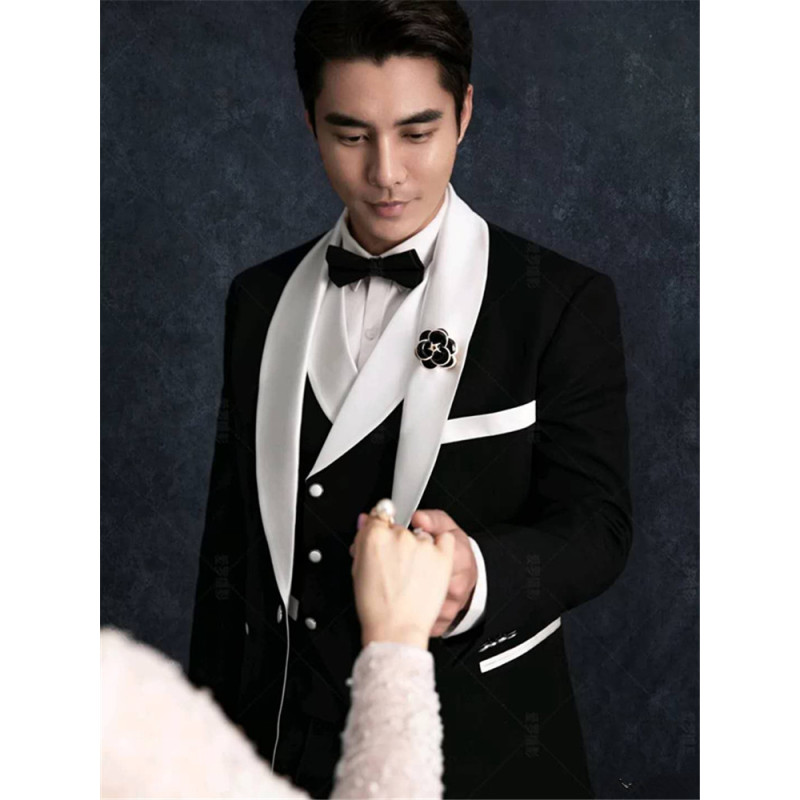 套装灰色影楼男装拍照男旅拍婚纱照潮牌主持人礼服三件套西装西服套装