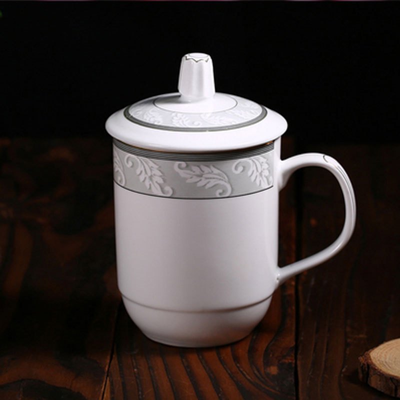 简约现代陶瓷茶杯办公水杯带盖宾馆酒店泡茶杯子会议杯瓷杯水具水杯