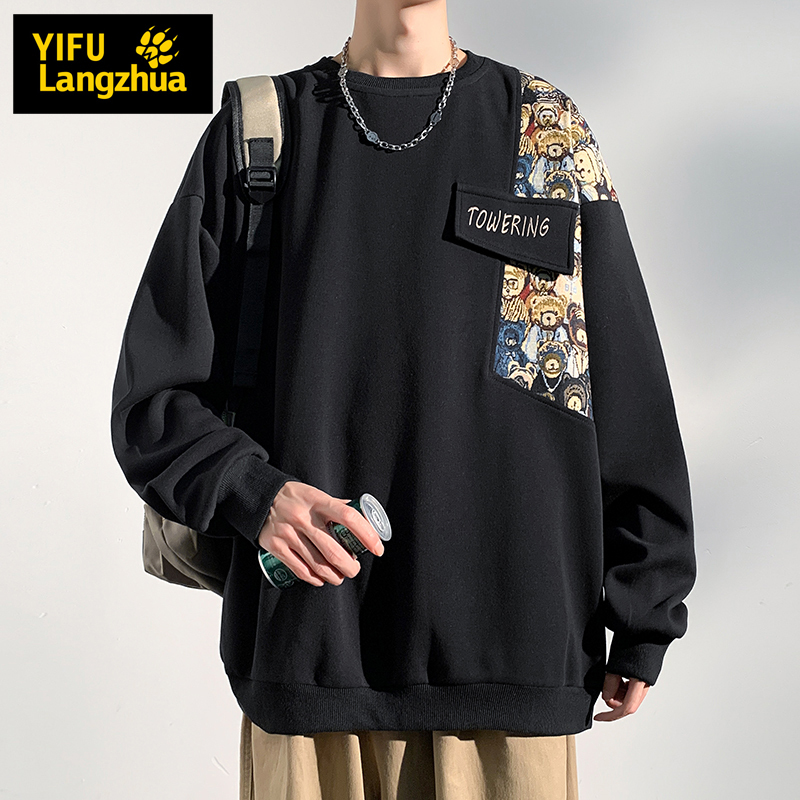 伊夫狼爪(YIFULANGZHUA)2024春秋季新款美式复古小熊刺绣圆领卫衣青少年男大码外套W422