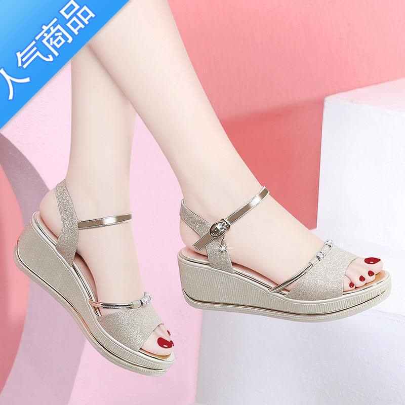 SUNTEK坡跟凉鞋女2023年夏季新款百搭中跟防滑厚底舒适高跟仙女时尚女鞋图片